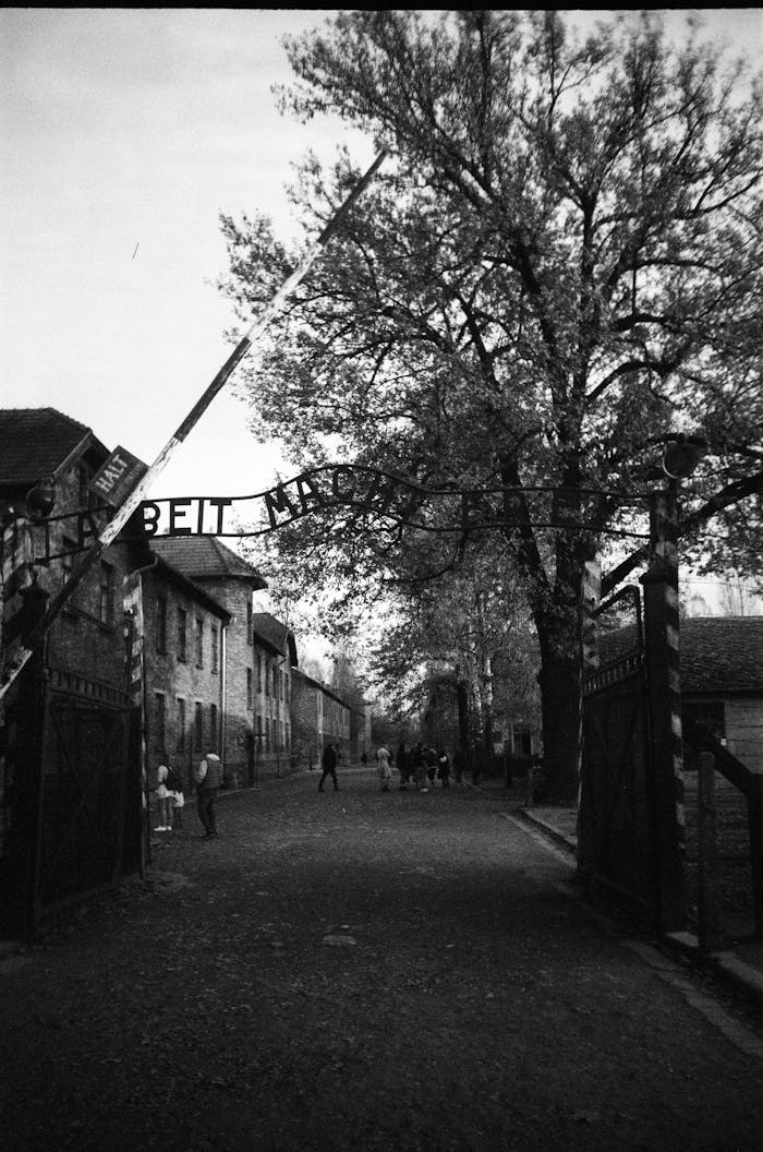 Black and white photo of the Auschwitz entrance gate, a poignant historical memorial.